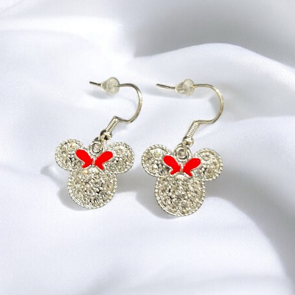 NEW Minnie Mouse Silver Red Bow Earrings - Hypoallergenic